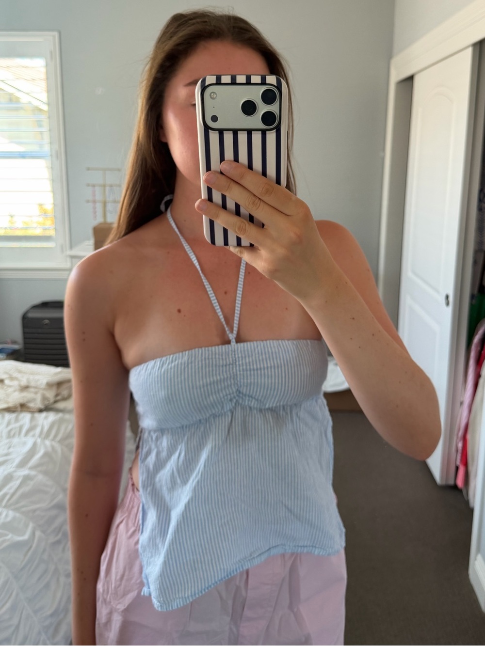 Brandy Melville Light Blue and White Seersucker Strapless Tie-Front Tube Top - Picture 2 of 5